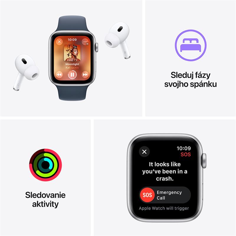 Apple Watch SE GPS 44mm Strieborný hliník s búrkovo modrým športovým remienkom - M/L