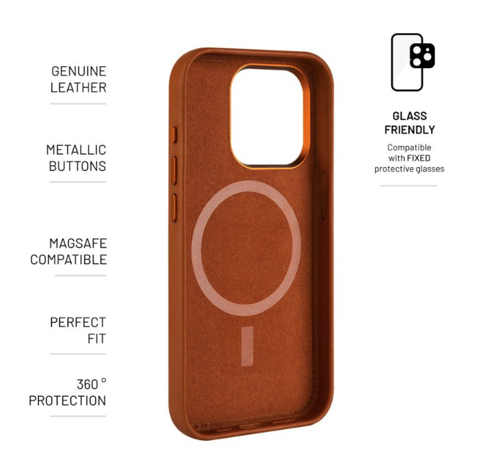 FIXED kožený kryt MagLeather s podporou MagSafe pro Apple iPhone 15 Pro, hnědý