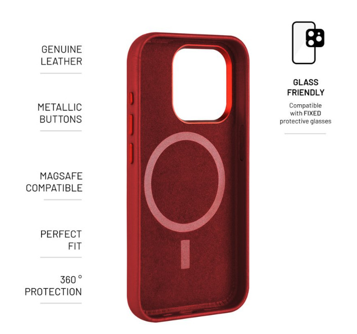 FIXED kožený kryt MagLeather s podporou MagSafe pro Apple iPhone 15 Pro Max, červený