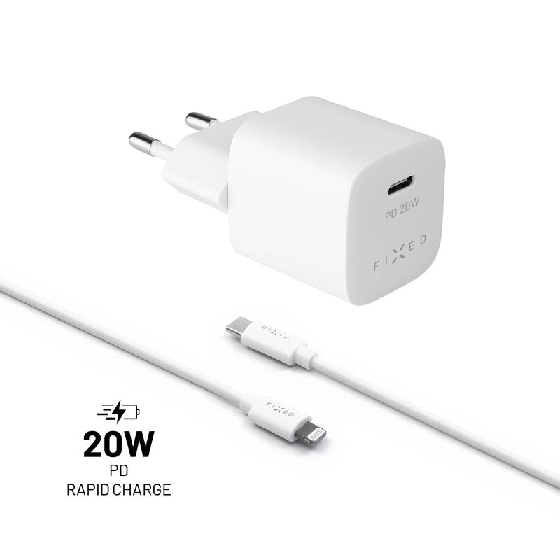 FIXED Mini Set sieťovej nabíjačky s USB-C výstupom a USB-C / Lightning kábla, podpora PD, 1 meter, MFI, 20W, biely