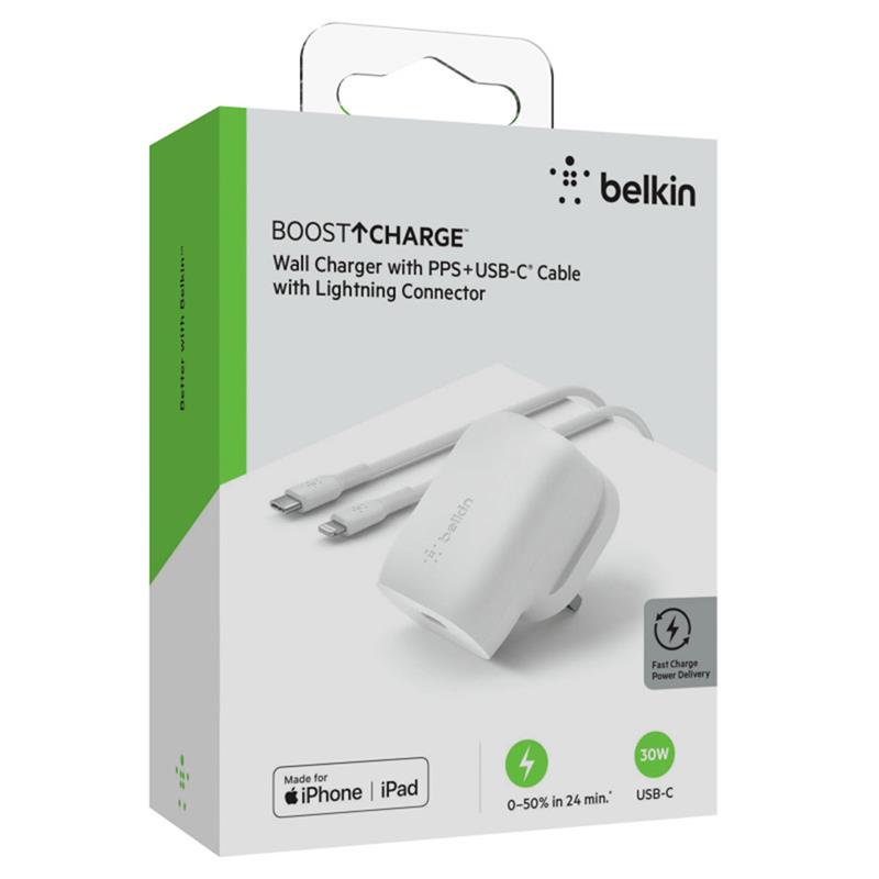 Belkin 30W PD 3.0 PPS USB-C Wall Charger + USB-C/Lightning kábel 1m - White