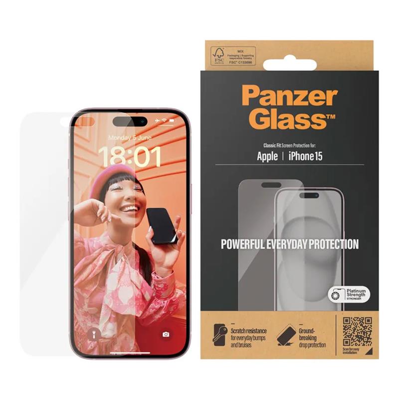 PanzerGlass ochranné sklo Classic Fit pre iPhone 15 - Clear