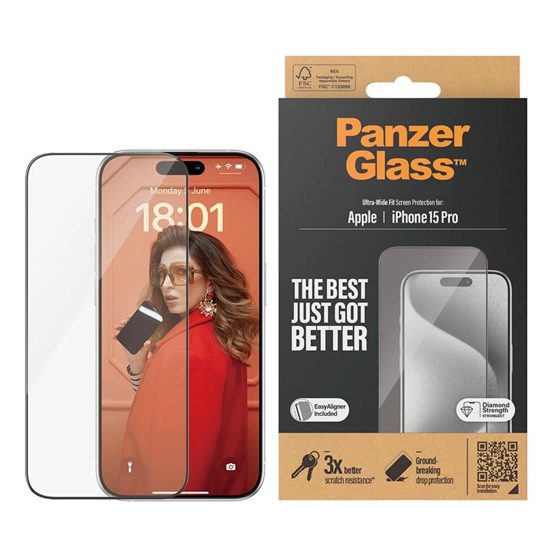 PanzerGlass ochranné sklo UWF pre iPhone 15 Pro - Black Frame