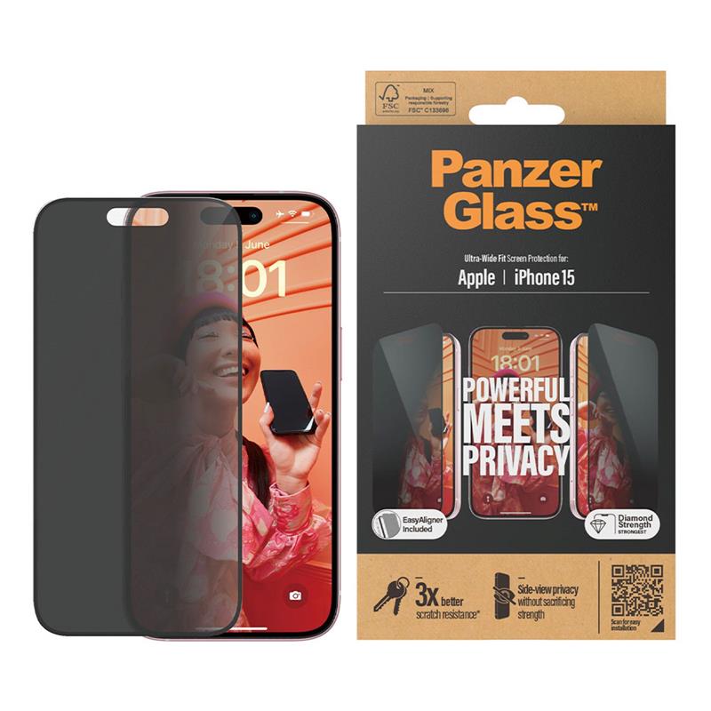 PanzerGlass ochranné sklo UWF Privacy pre iPhone 15 - Black Frame