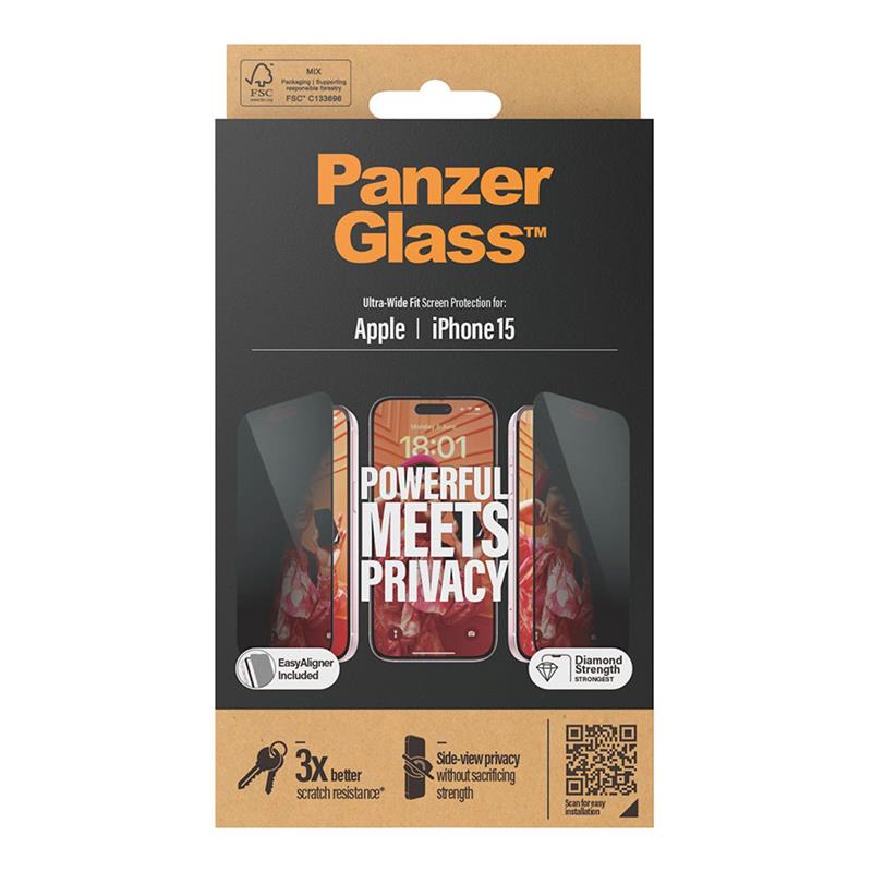 PanzerGlass ochranné sklo UWF Privacy pre iPhone 15 - Black Frame