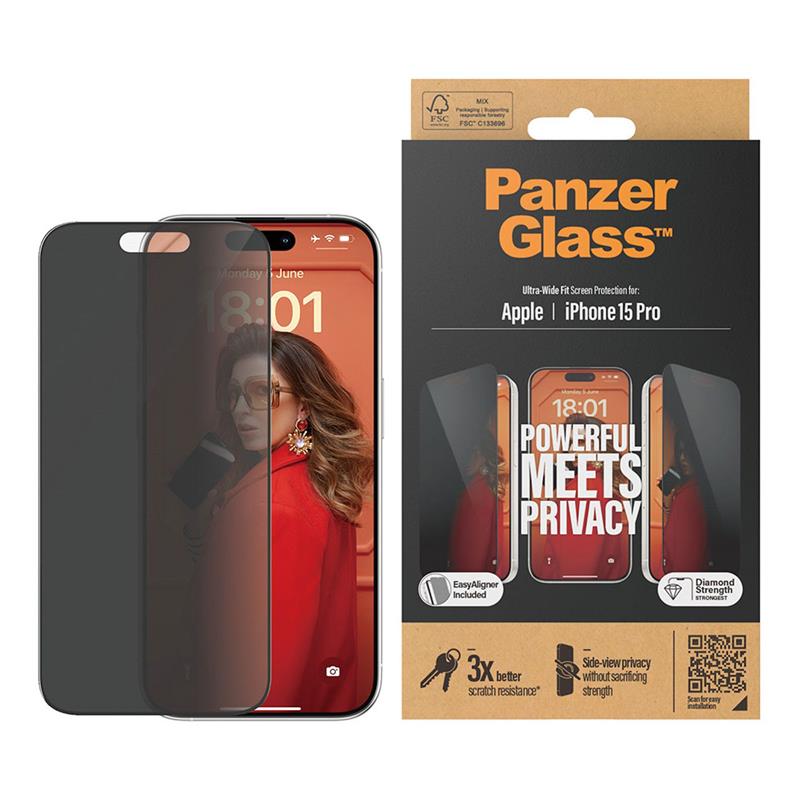 PanzerGlass ochranné sklo UWF Privacy pre iPhone 15 Pro - Black Frame