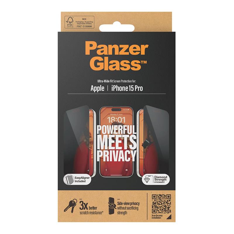 PanzerGlass ochranné sklo UWF Privacy pre iPhone 15 Pro - Black Frame