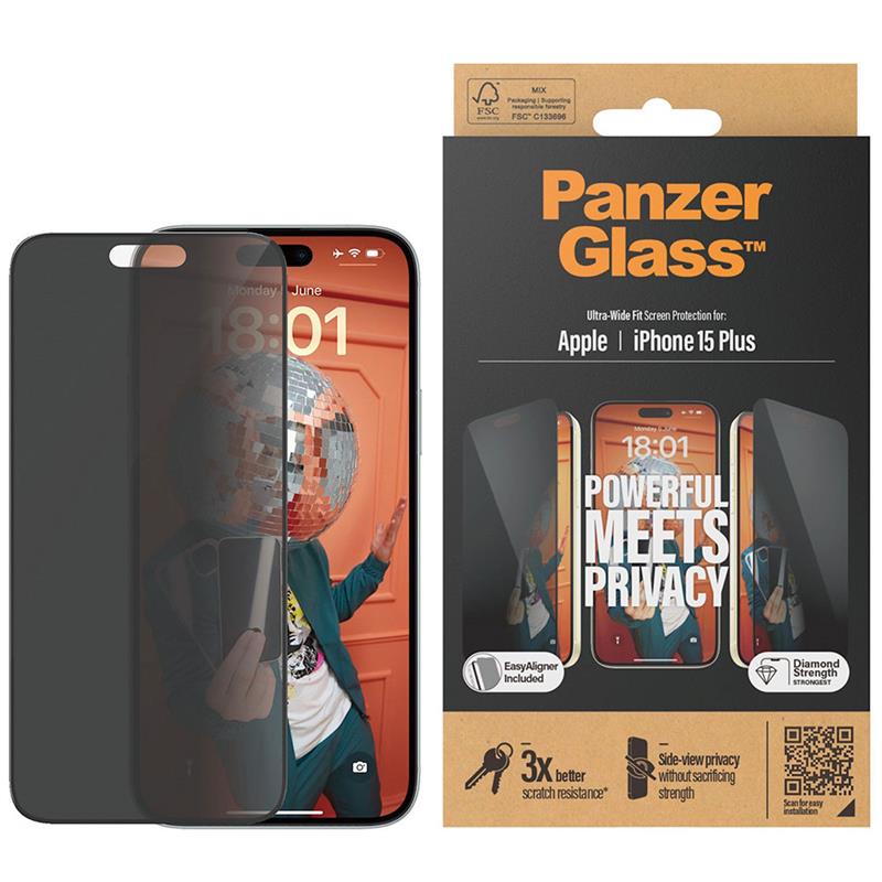 PanzerGlass ochranné sklo UWF Privacy pre iPhone 15 Plus - Black Frame