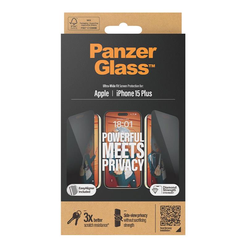 PanzerGlass ochranné sklo UWF Privacy pre iPhone 15 Plus - Black Frame