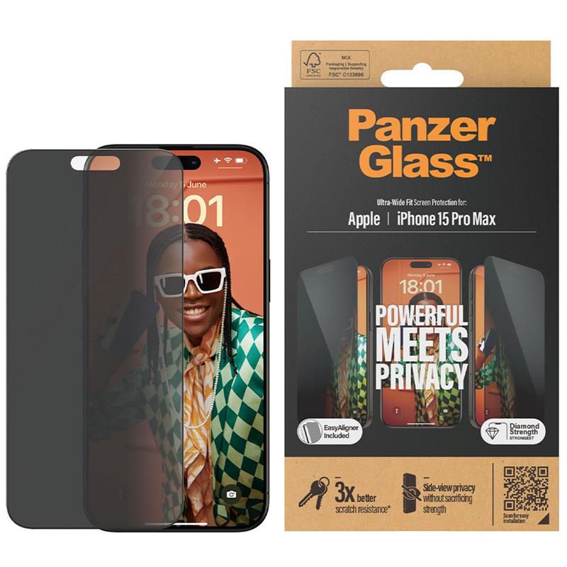 PanzerGlass ochranné sklo UWF Privacy pre iPhone 15 Pro Max - Black Frame