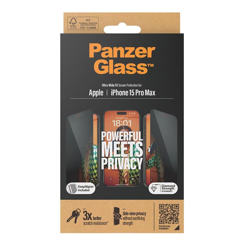 PanzerGlass ochranné sklo UWF Privacy pre iPhone 15 Pro Max - Black Frame