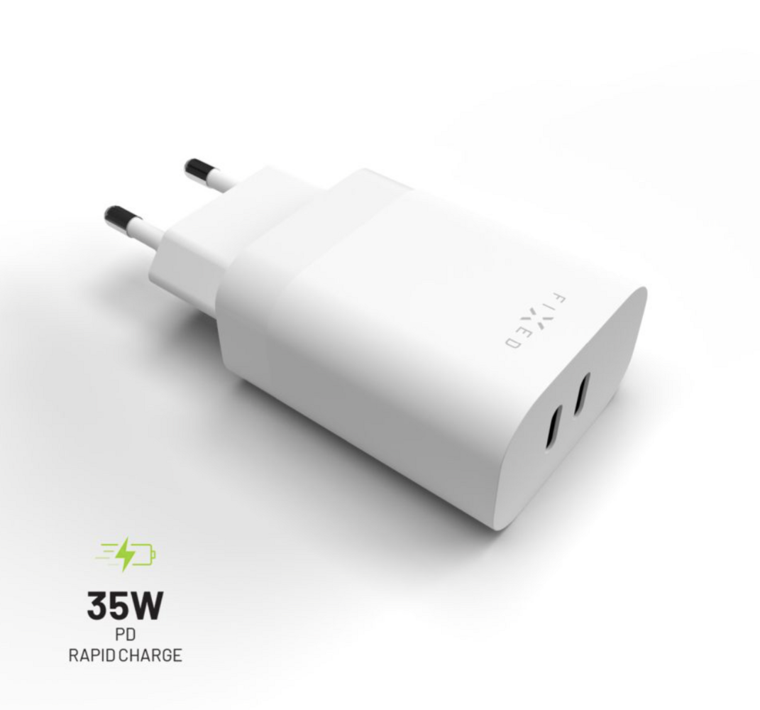 FIXED Síťová nabíječka s 2x USB-C výstupem a podporou PD, 35W, bílá