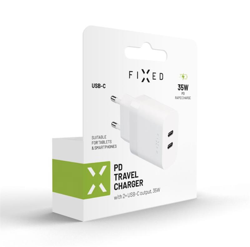 FIXED Síťová nabíječka s 2x USB-C výstupem a podporou PD, 35W, bílá