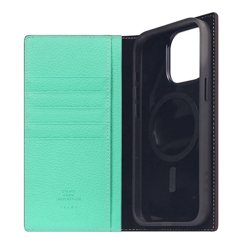 SLG Design puzdro D8 Neon Full Grain Leather Diary pre iPhone 15 Pro Max - Teal