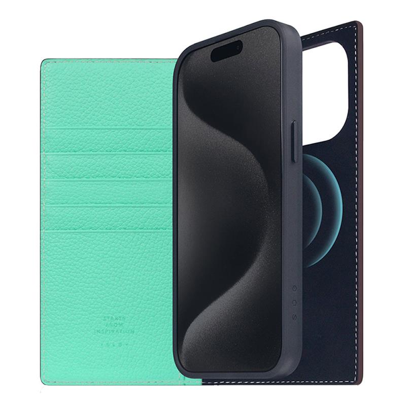 SLG Design puzdro D8 Neon Full Grain Leather Diary pre iPhone 15 Pro Max - Teal