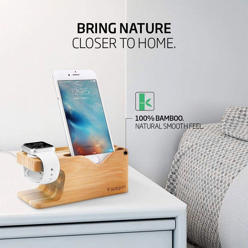 Spigen stojan S370 Apple Watch + Phone Wood Stand - Brown
