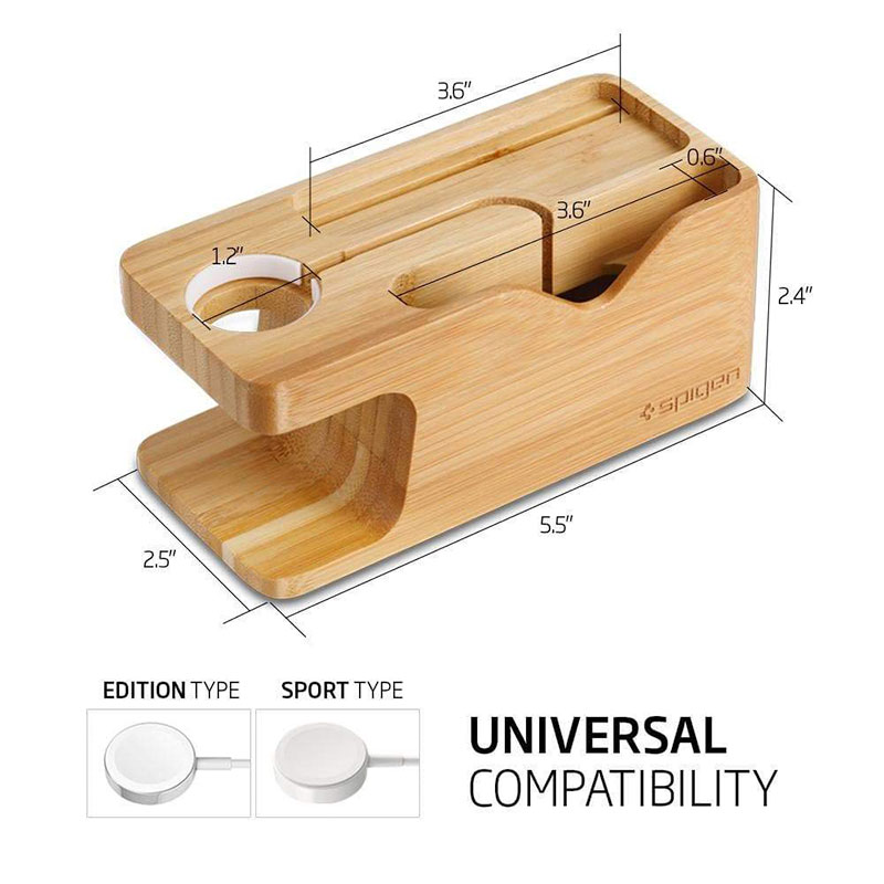 Spigen stojan S370 Apple Watch + Phone Wood Stand - Brown