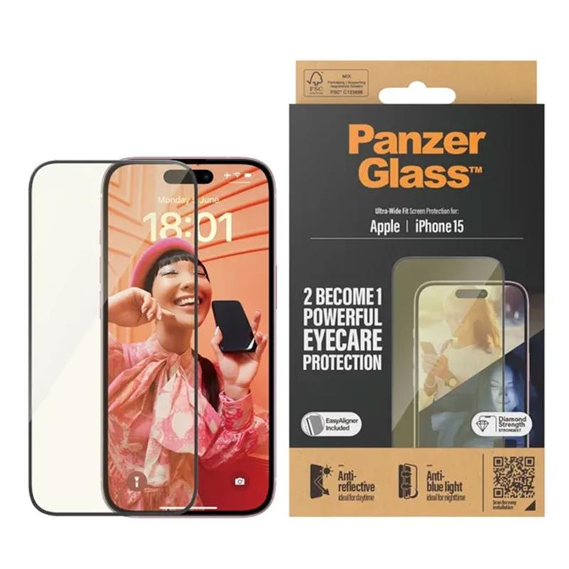PanzerGlass ochranné sklo UWF EyeCare pre iPhone 15 - Black Frame