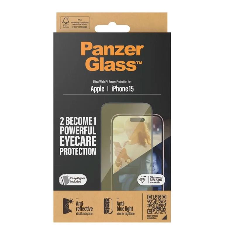 PanzerGlass ochranné sklo UWF EyeCare pre iPhone 15 - Black Frame