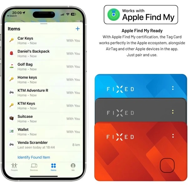 Fixed Tag Card Smart Tracker s podporou Find My, bezdrôtové nabíjanie, čierny