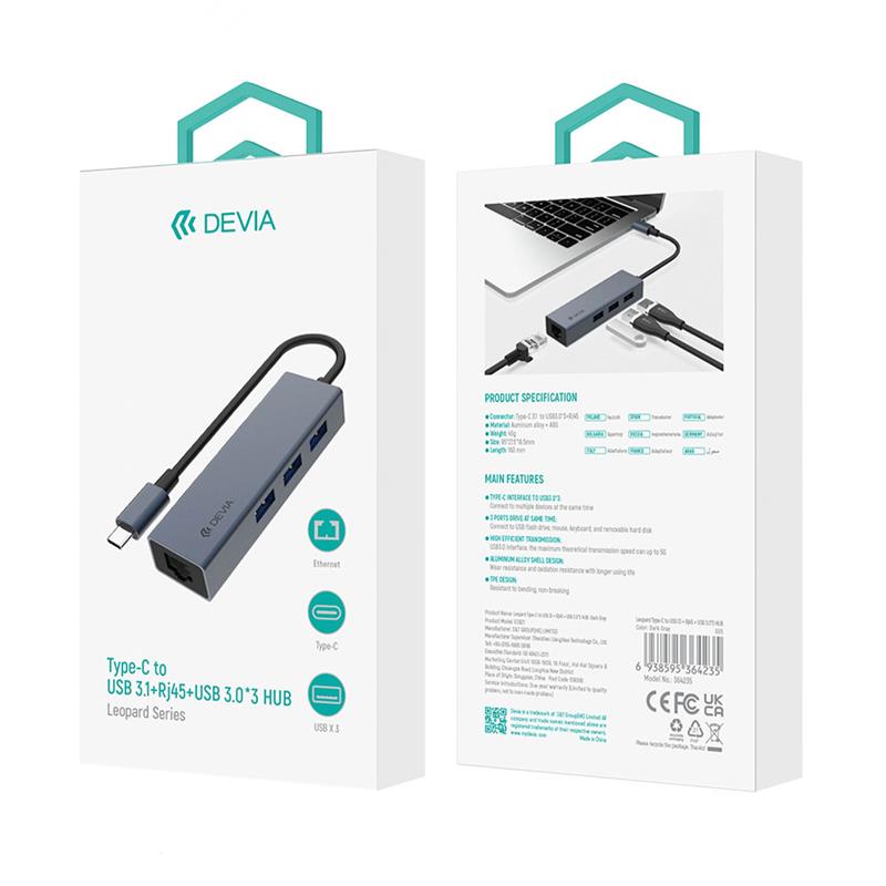 Devia USB-C Hub Leopard Series RJ45/USB 3.1 - Deep Gray