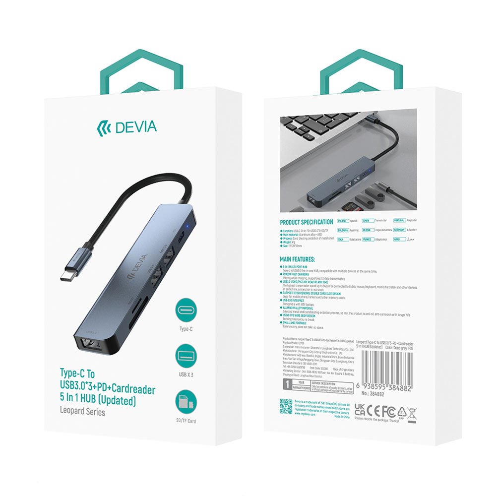 Devia USB-C Hub Leopard Series 5-in-1 EC135 - Deep Gray