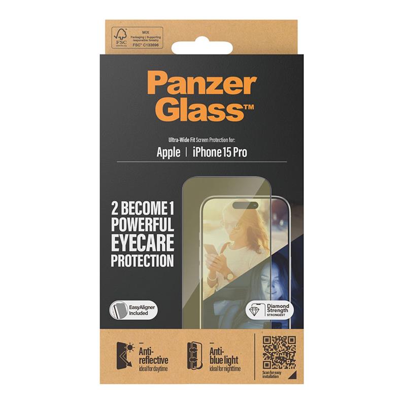 PanzerGlass ochranné sklo UWF EyeCare pre iPhone 15 Pro - Black Frame