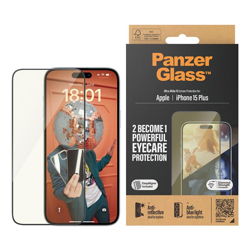PanzerGlass ochranné sklo UWF EyeCare pre iPhone 15 Plus - Black Frame