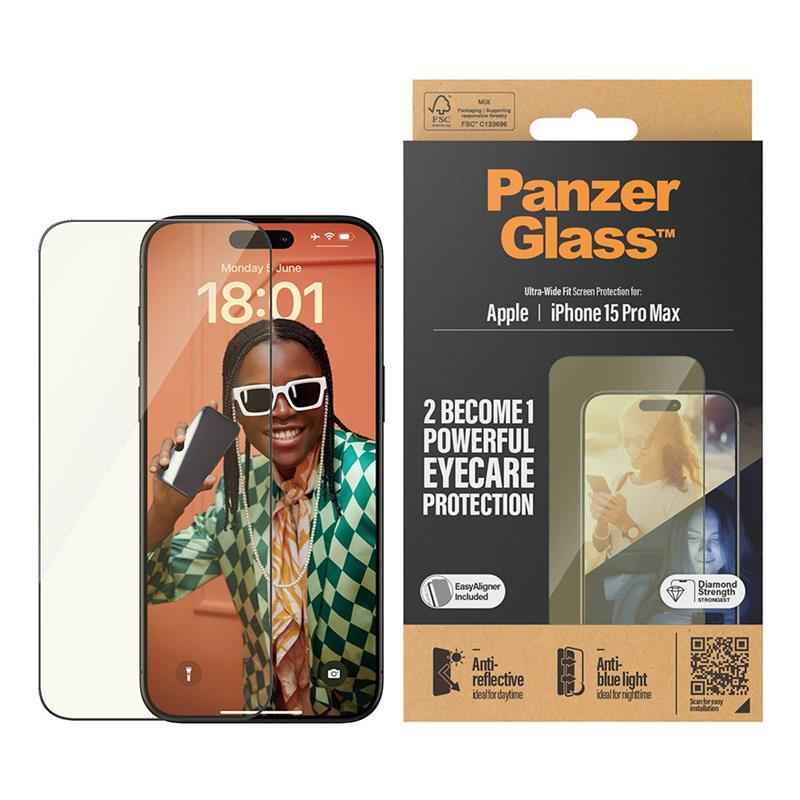 PanzerGlass ochranné sklo UWF EyeCare pre iPhone 15 Pro Max - Black Frame