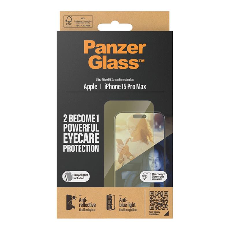 PanzerGlass ochranné sklo UWF EyeCare pre iPhone 15 Pro Max - Black Frame