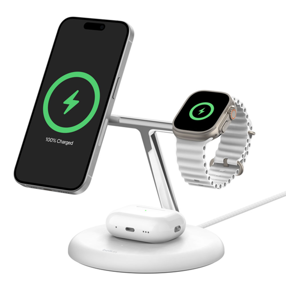Belkin Boost Charge Pro 3-in-1 Magnetic Wireless Charging Stand with Qi2 15W - White