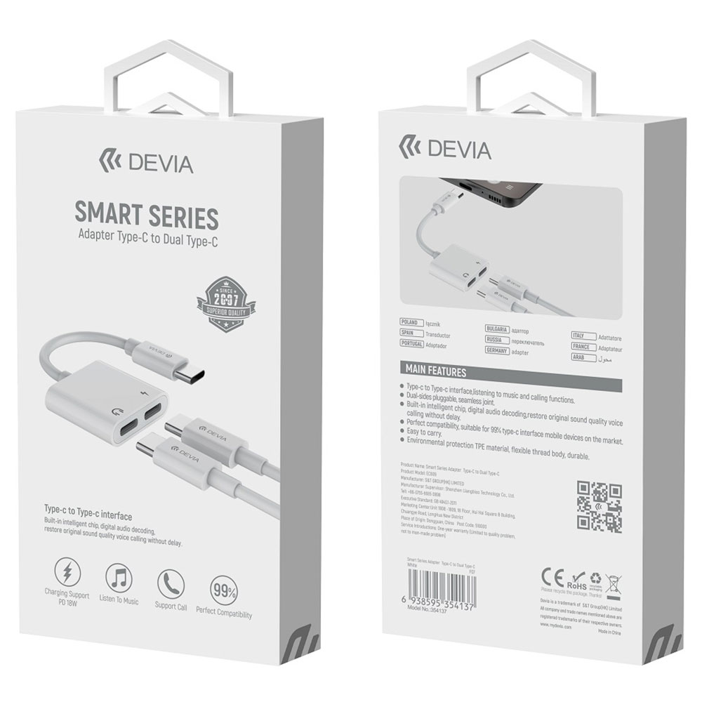 Devia Smart Series Adapter USB-C to Dual USB-C - White