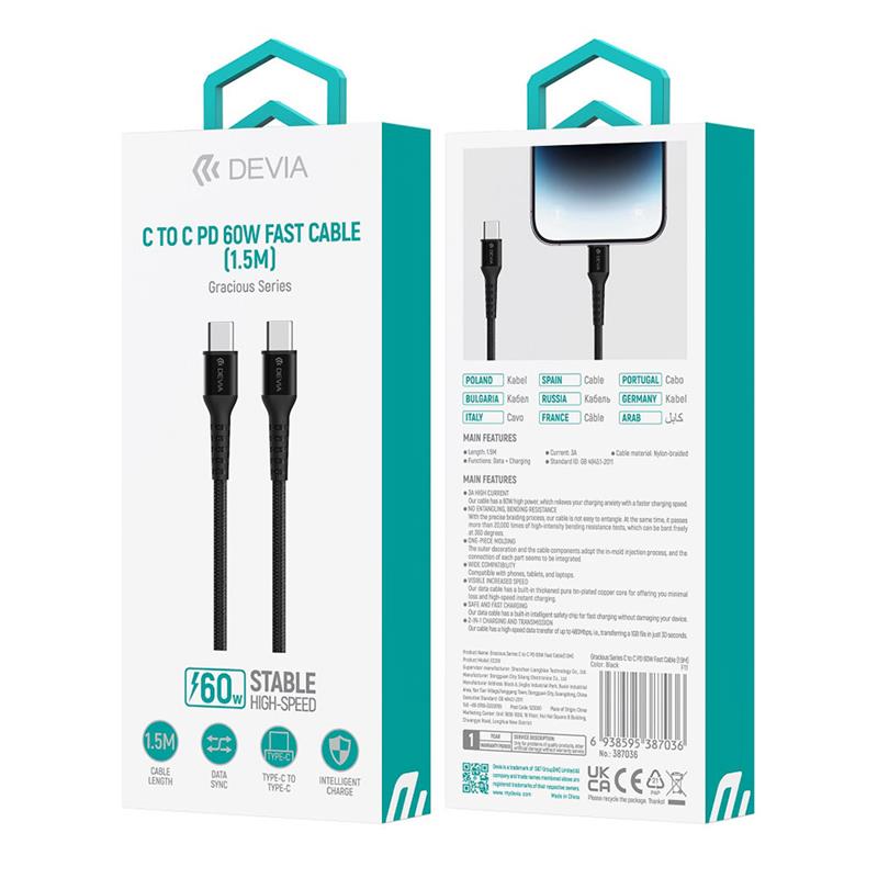 Devia kábel USB-C to USB-C Gracious Woven Cable 1.5m - Black