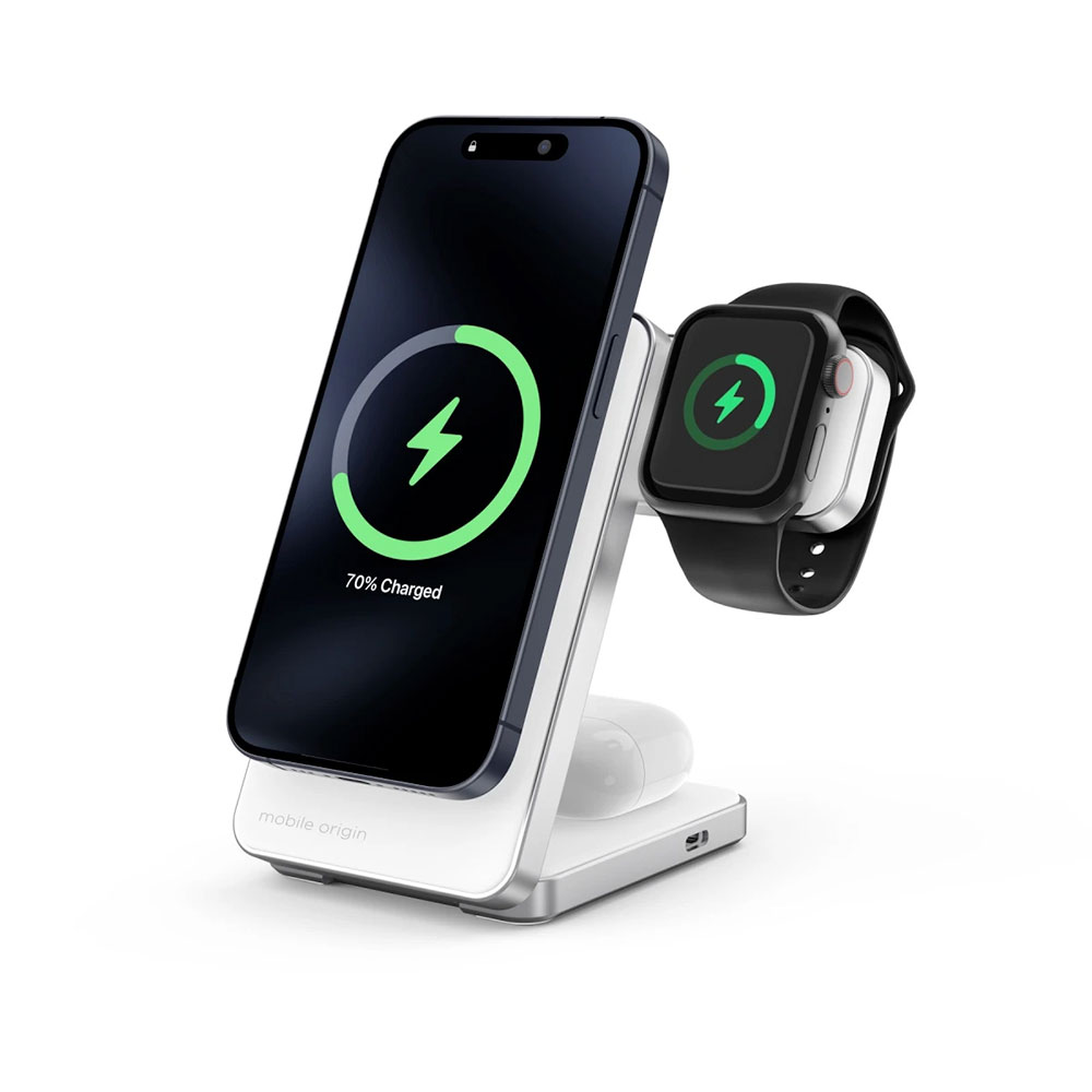 Mobile Origin Qi2 CompactStand 3-in-1 - White/Silver