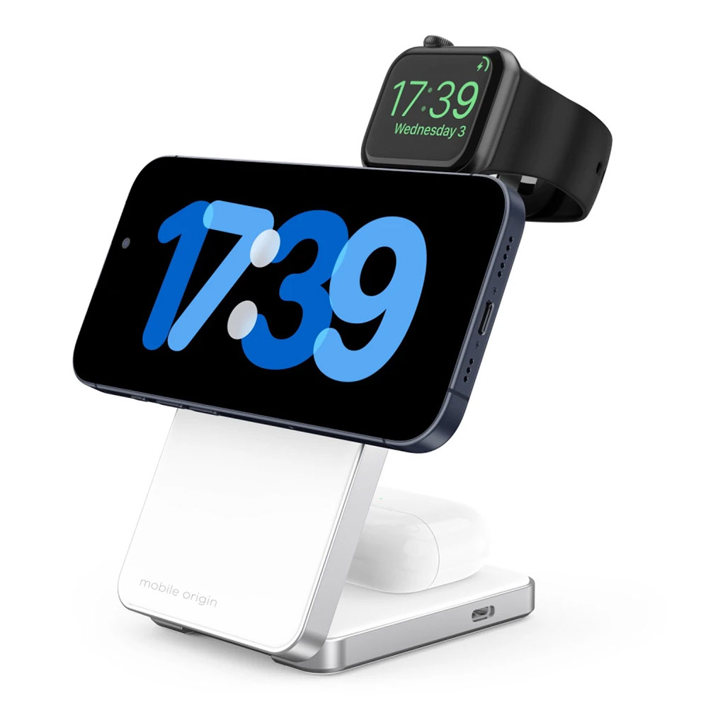 Mobile Origin Qi2 CompactStand 3-in-1 - White/Silver
