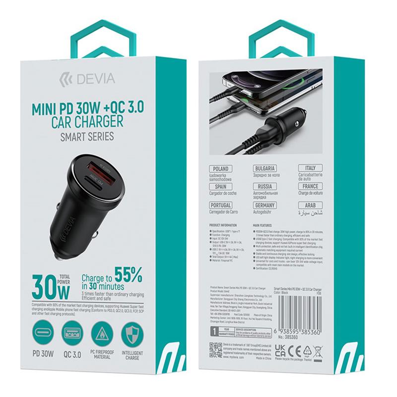 Devia nabíjačka do auta Smart Series mini PD 30W Fast Car Charger - Black