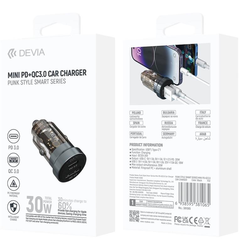 Devia nabíjačka do auta Punk Style Series mini PD 30W Fast Car Charger - Black