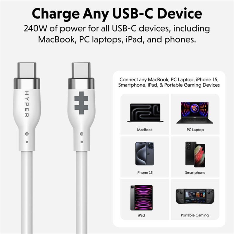 Hyper kábel HyperJuice 240W Silicone USB-C to USB-C Cable 1m - White