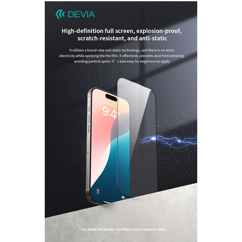 Devia ochranné sklo Van Series Anti-Static pre iPhone 16/15 - Black Frame