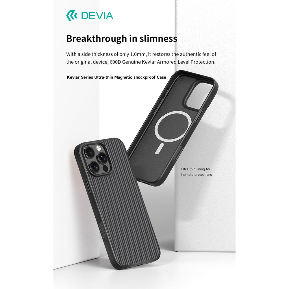 Devia kryt Kevlar Ultra-Thin Magnetic Shockproof Case pre iPhone 16 - Black