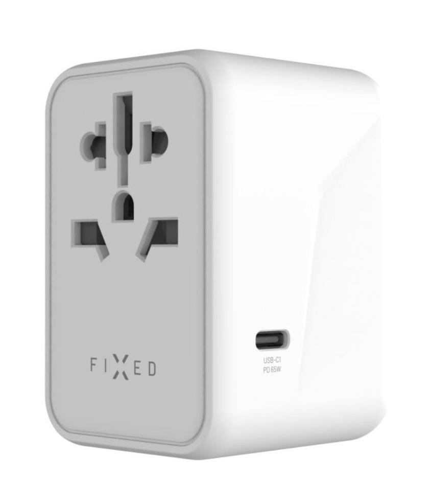 FIXED Cestovní adaptér Voyager s 3x USB-C a 2x USB-A výstupem a podporou PD, 65W, bílá
