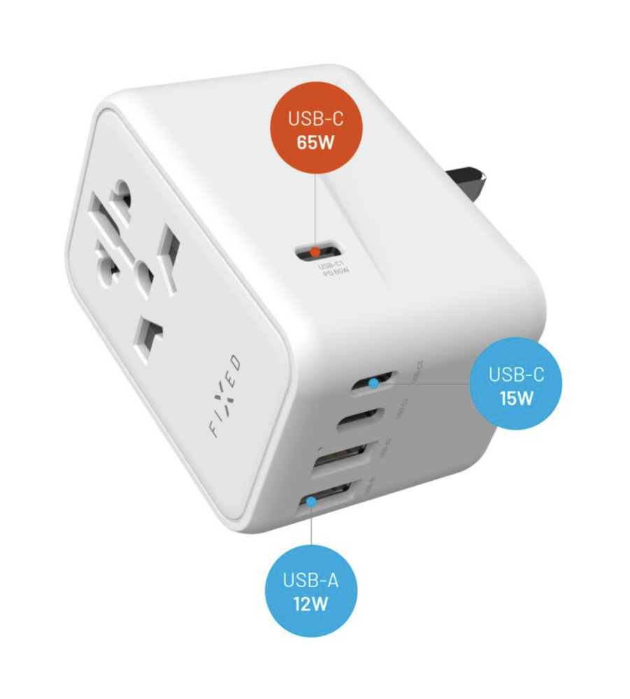 FIXED Cestovní adaptér Voyager s 3x USB-C a 2x USB-A výstupem a podporou PD, 65W, bílá