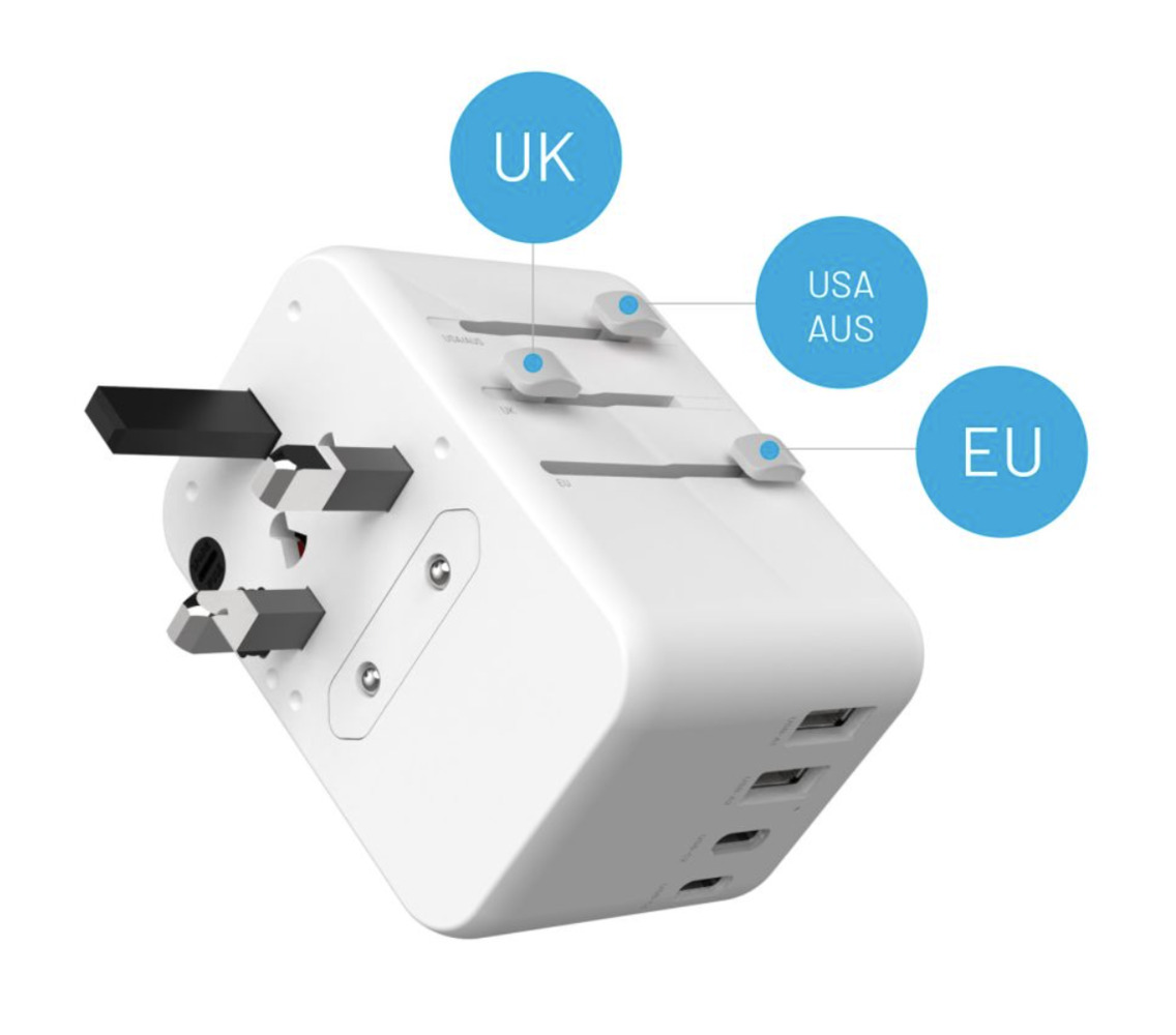 FIXED Cestovní adaptér Voyager s 3x USB-C a 2x USB-A výstupem a podporou PD, 65W, bílá