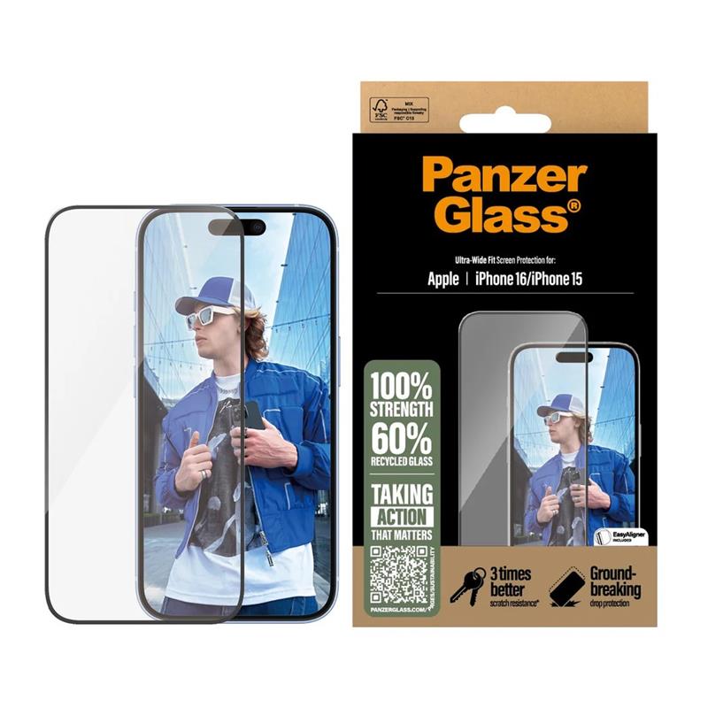 PanzerGlass ochranné sklo UWF pre iPhone 16/15 - Black Frame