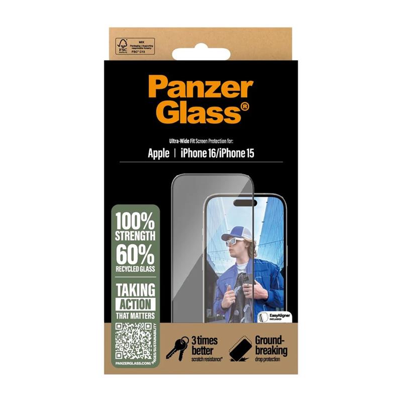 PanzerGlass ochranné sklo UWF pre iPhone 16/15 - Black Frame