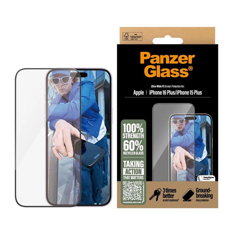 PanzerGlass ochranné sklo UWF pre iPhone 16 Plus/15 Plus - Black Frame