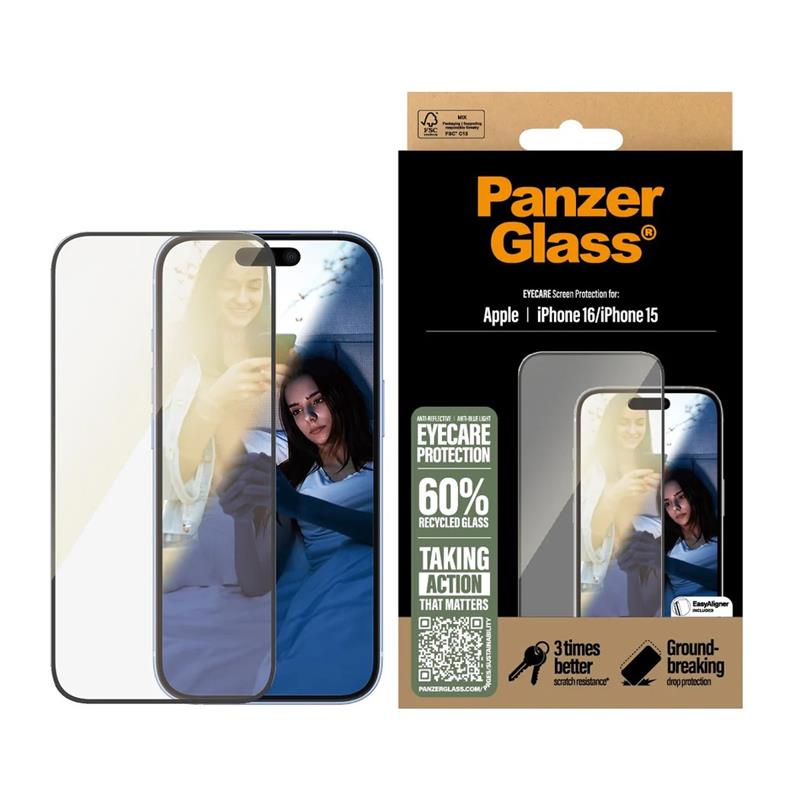 PanzerGlass ochranné sklo UWF EyeCare pre iPhone 16/15 - Black Frame