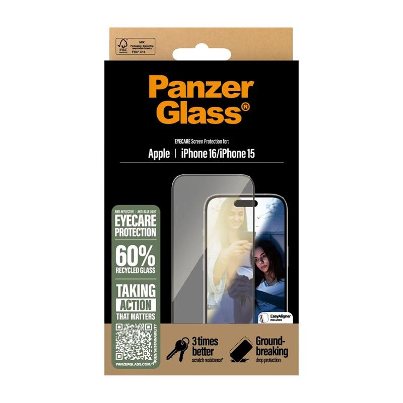 PanzerGlass ochranné sklo UWF EyeCare pre iPhone 16/15 - Black Frame