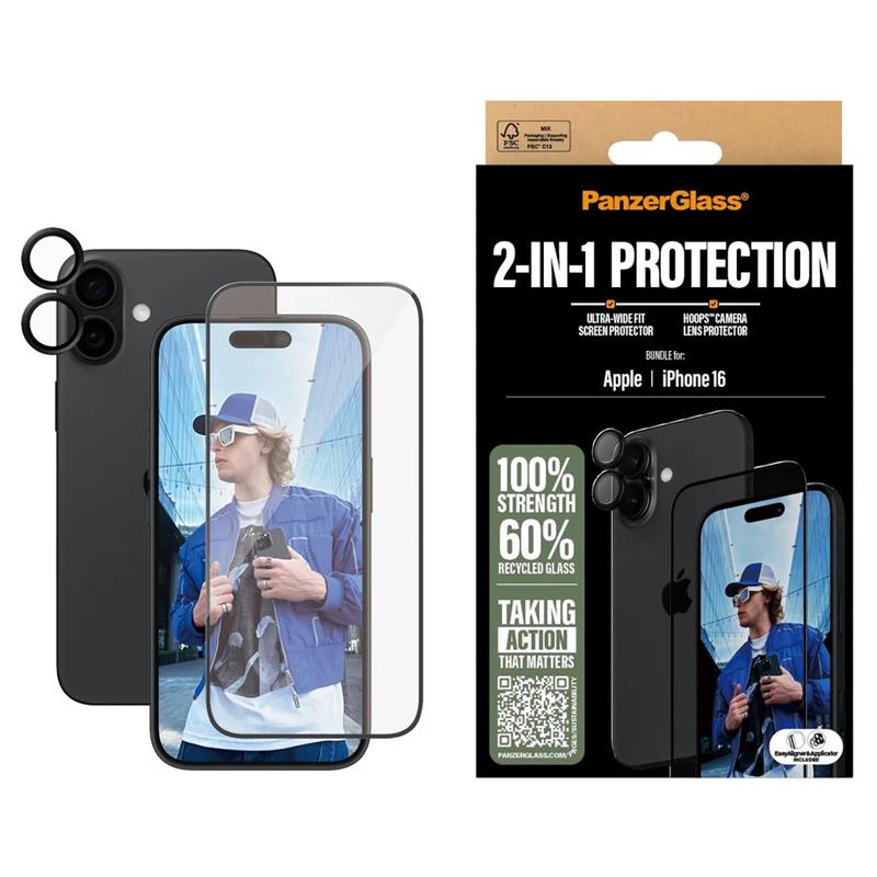 PanzerGlass ochranné sklo UWF + Hoops Bundle pre iPhone 16 - Black Frame
