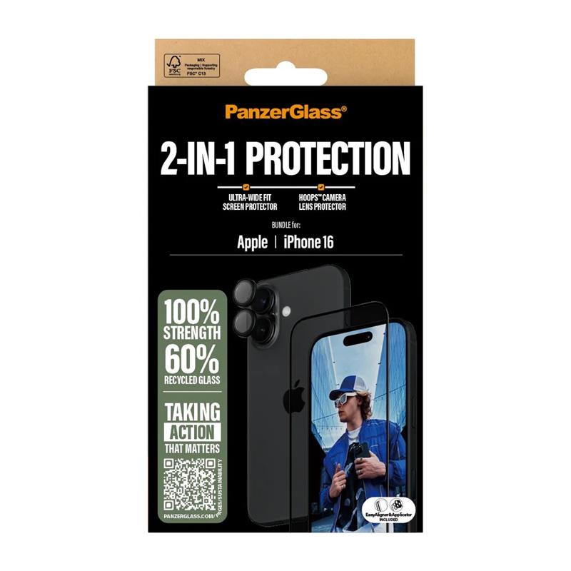 PanzerGlass ochranné sklo UWF + Hoops Bundle pre iPhone 16 - Black Frame